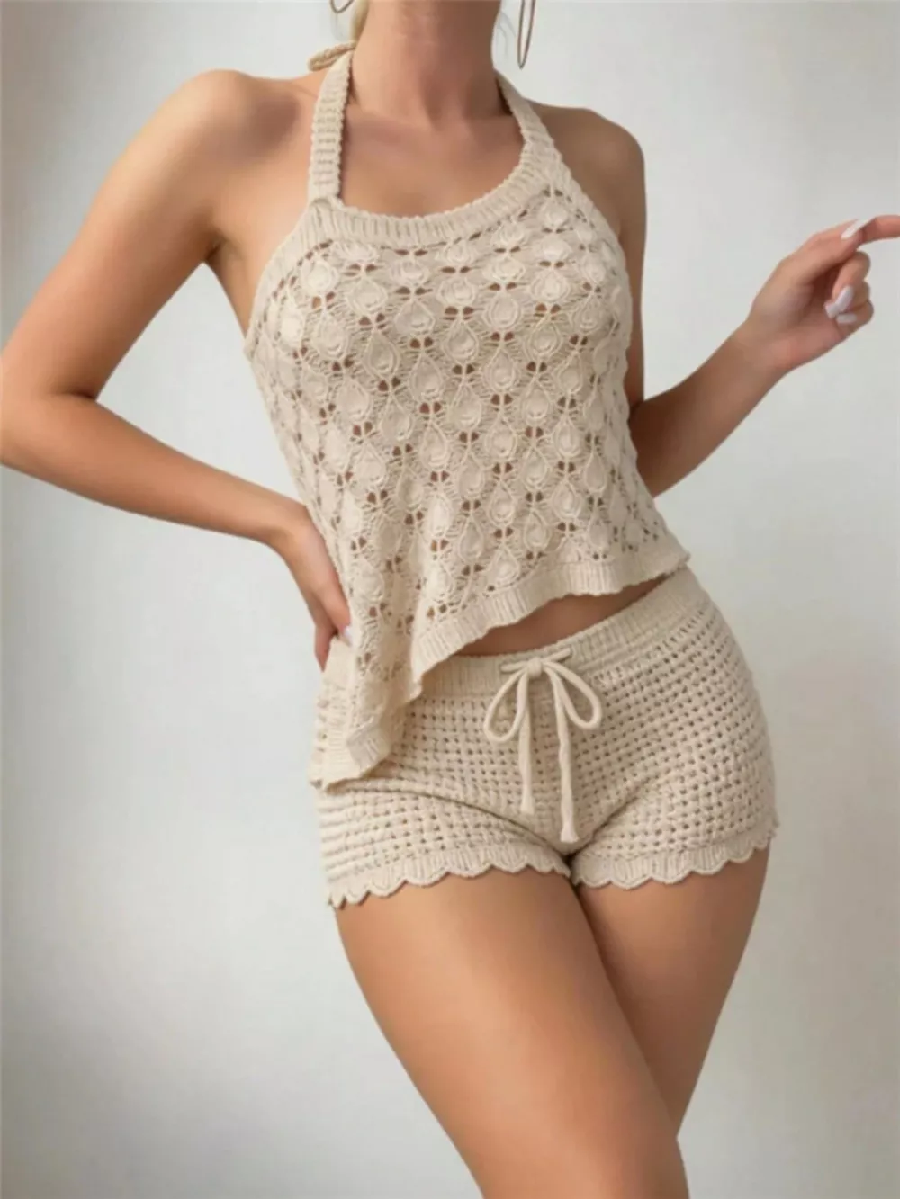 Crochet Knit Halter Neck Top and Shorts Sweater Set, image 4