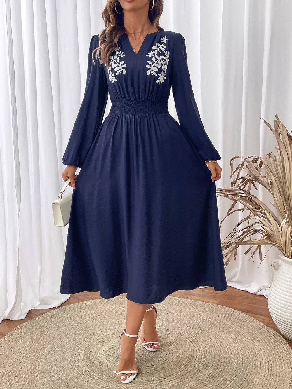 Embroidered Notched Long Sleeve Midi Dress, image 4
