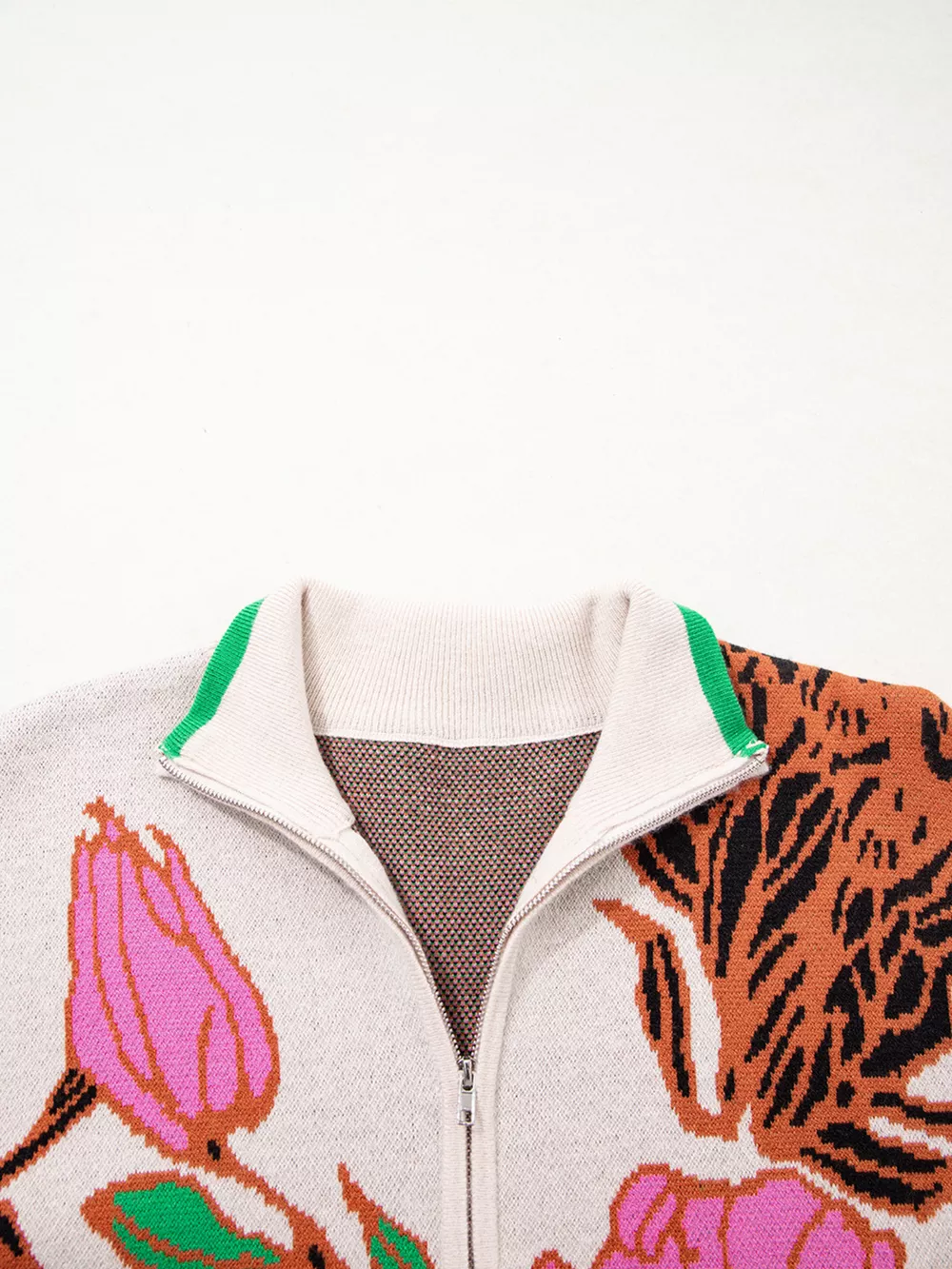 Floral Pattern Knit Quarter Zip Stand Neck Sweater, image 5