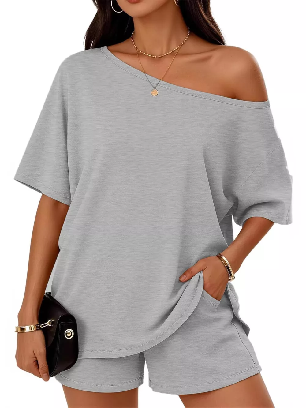 Full Size Boat Neck Tee and Shorts Set Plus Size, image 2