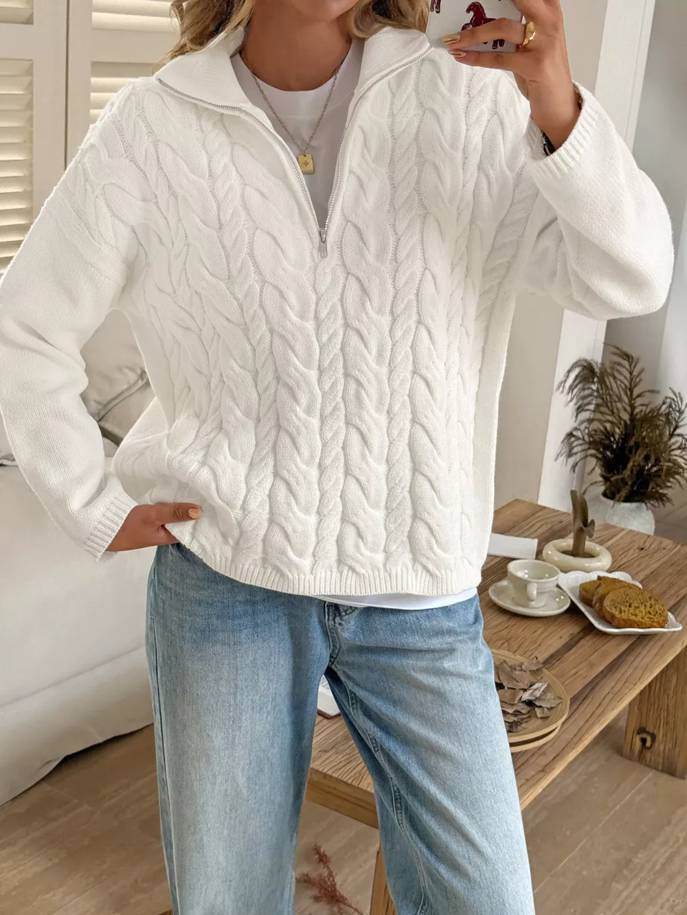 Zip Collar Cable-Knit Sweater, image 3