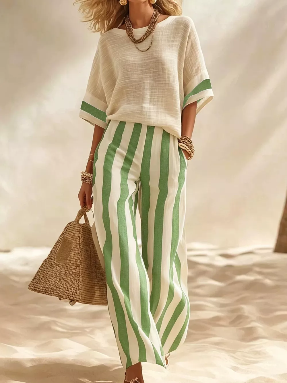 Full Size Striped Half Sleeve Top and Pants Set Plus Size, image 10