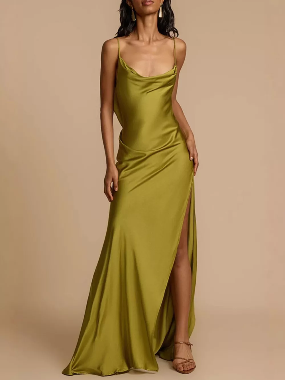 Satin Cowl Neck Slit Maxi Dress, image 2