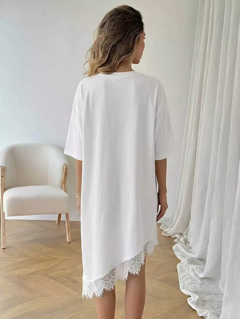 Lace Trim Asymmetrical Hem T-shirt Dress, image 6