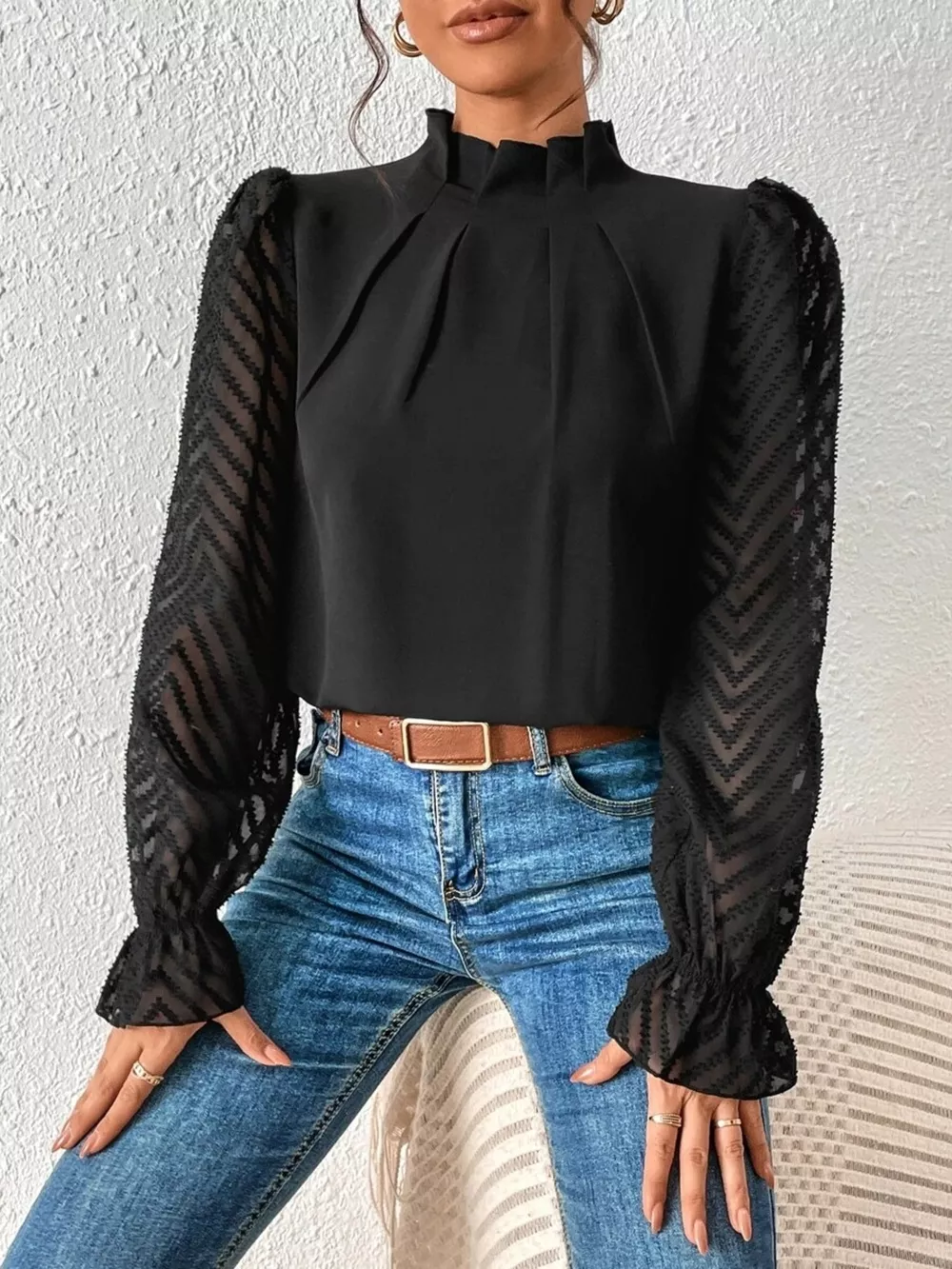 Mock Neck Sheer Lace Sleeve Blouse, image 15