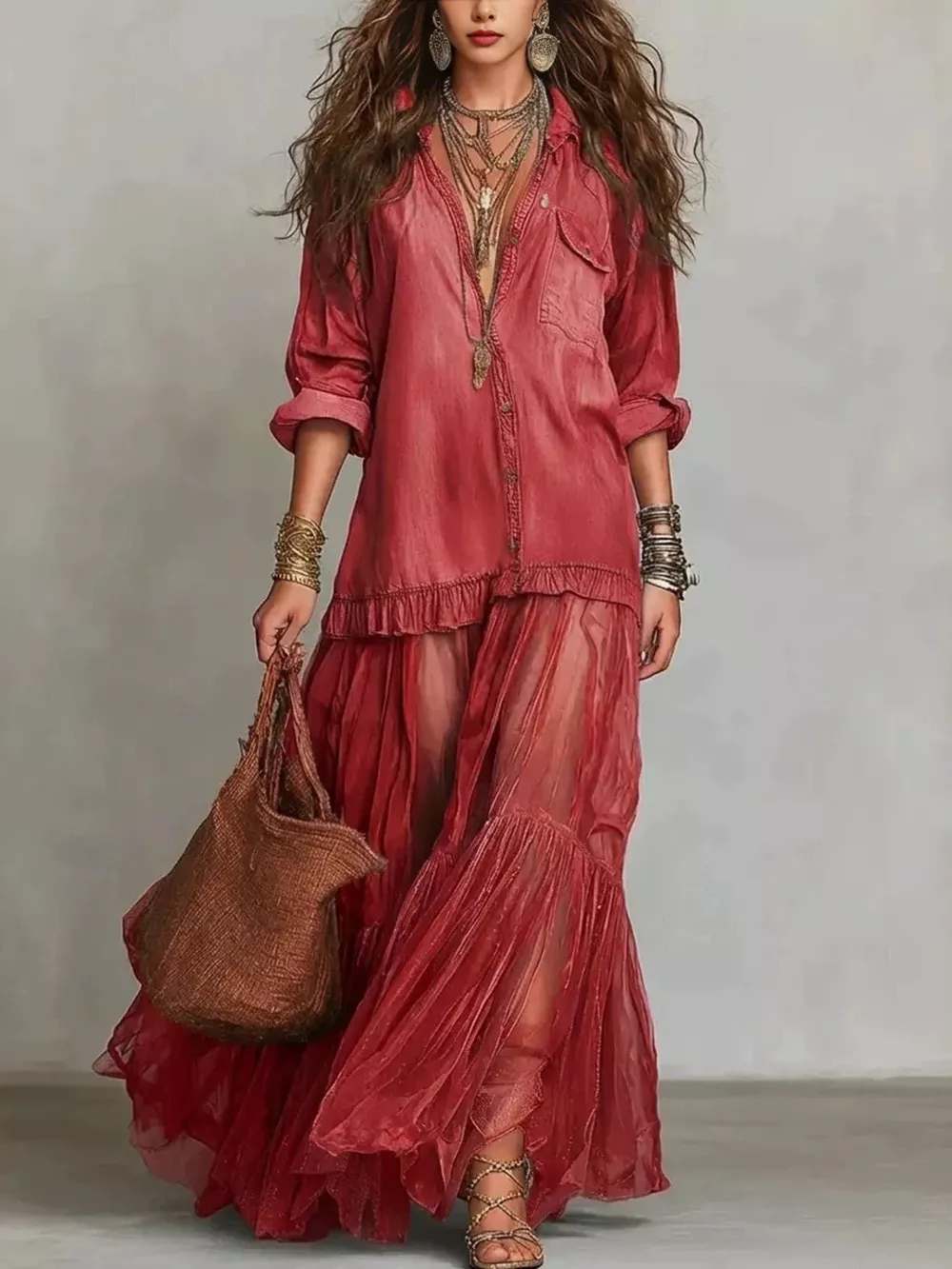 Full Size Tiered Long Sleeve Denim Shirt Maxi Dress Plus Size, image 11