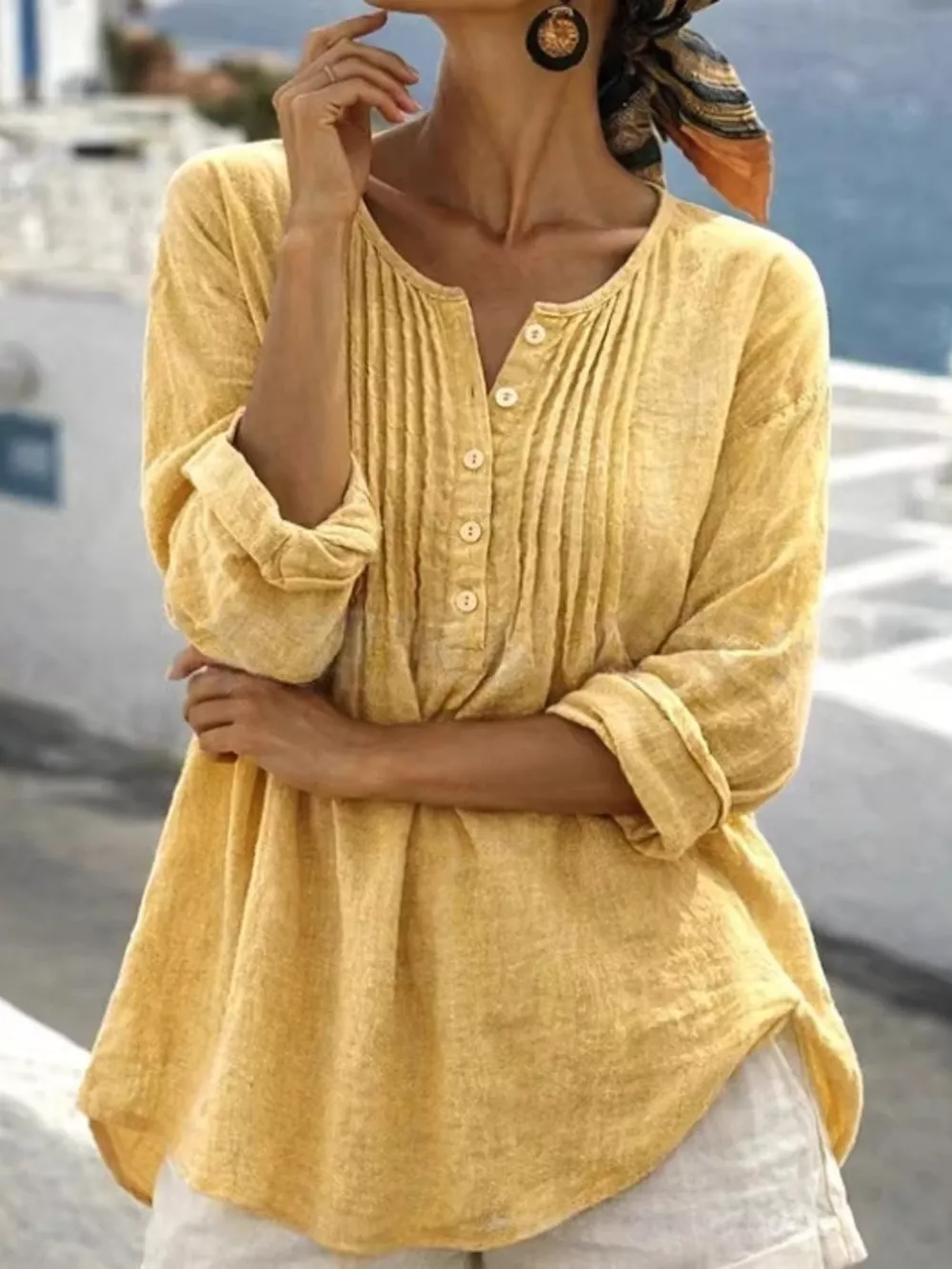 Casual Button Detail Long Sleeve Linen Shirt, image 4