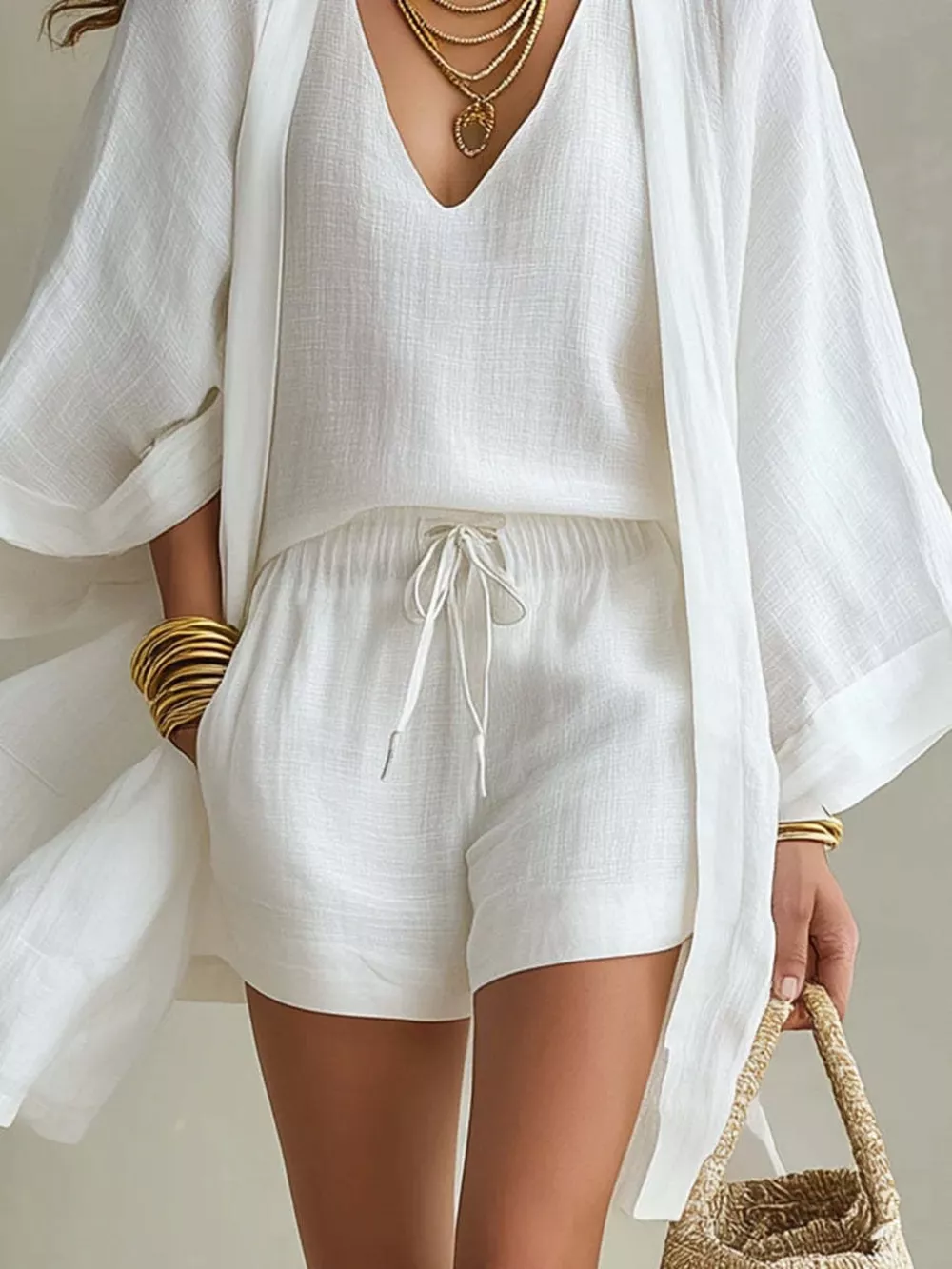 Full Size Elegant Tank and Drawstring Shorts with Cardigan 3-Piece Set Plus Size, image 3