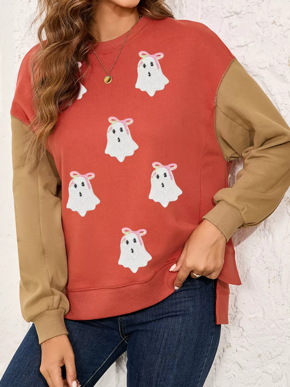 Halloween Glitter Ghost Patched Pattern Color Block Sweatshirt, image 7