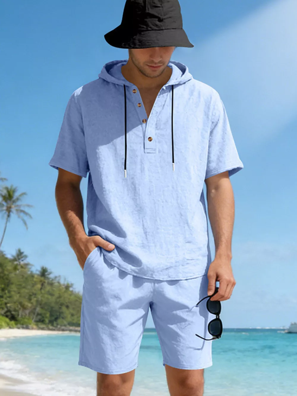 Men's Full Size Casual Short Sleeve Hooded Top & Shorts Set Plus Size, image 2