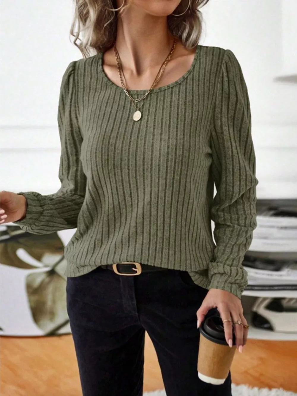 Ribbed Knit Long Sleeve T-Shirt, image 22