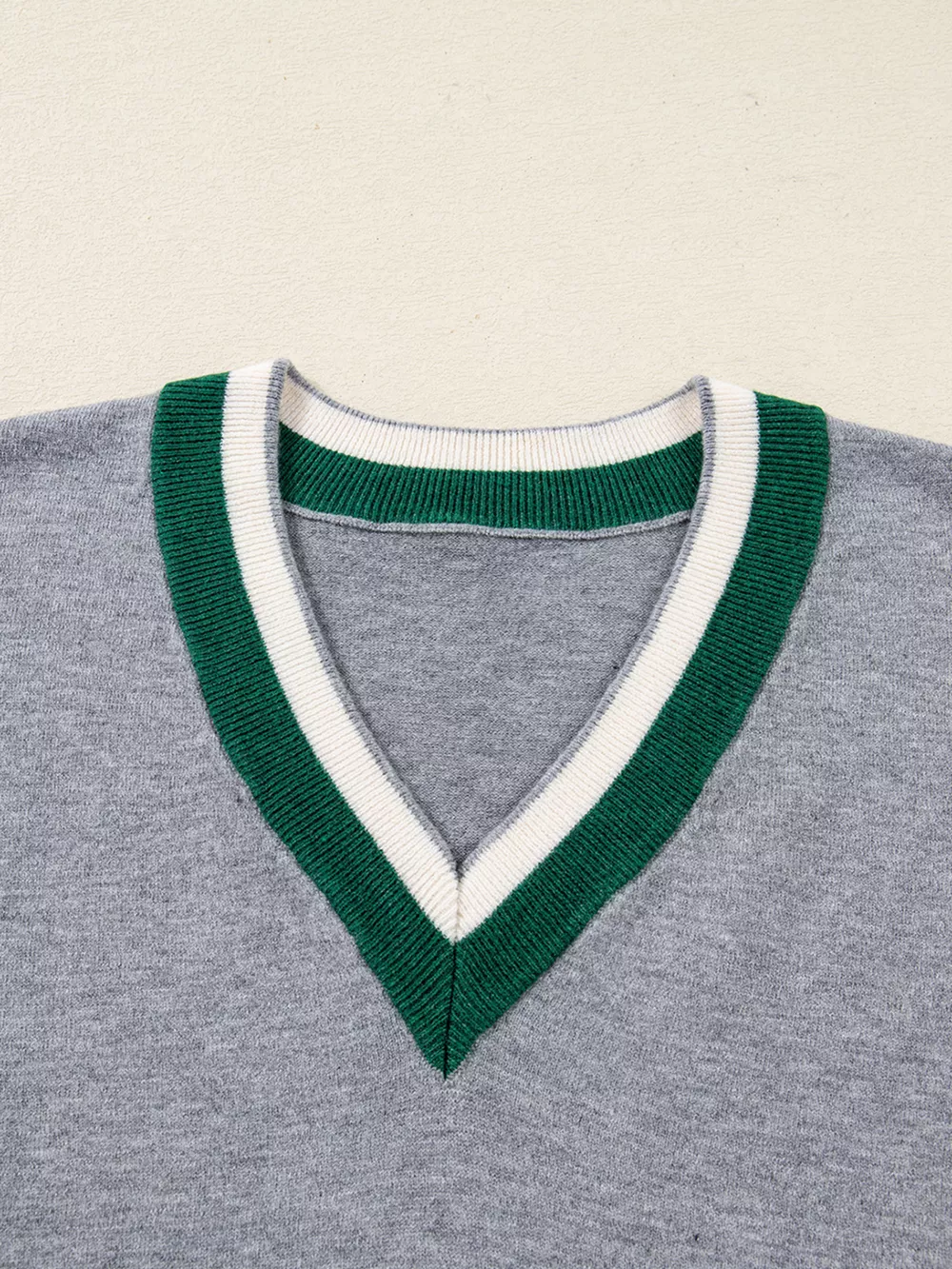 Contrast Striped Trim V Neck Varsity Sweater, image 8