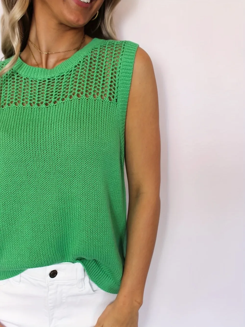Openwork Round Neck Sweater Vest, image 6