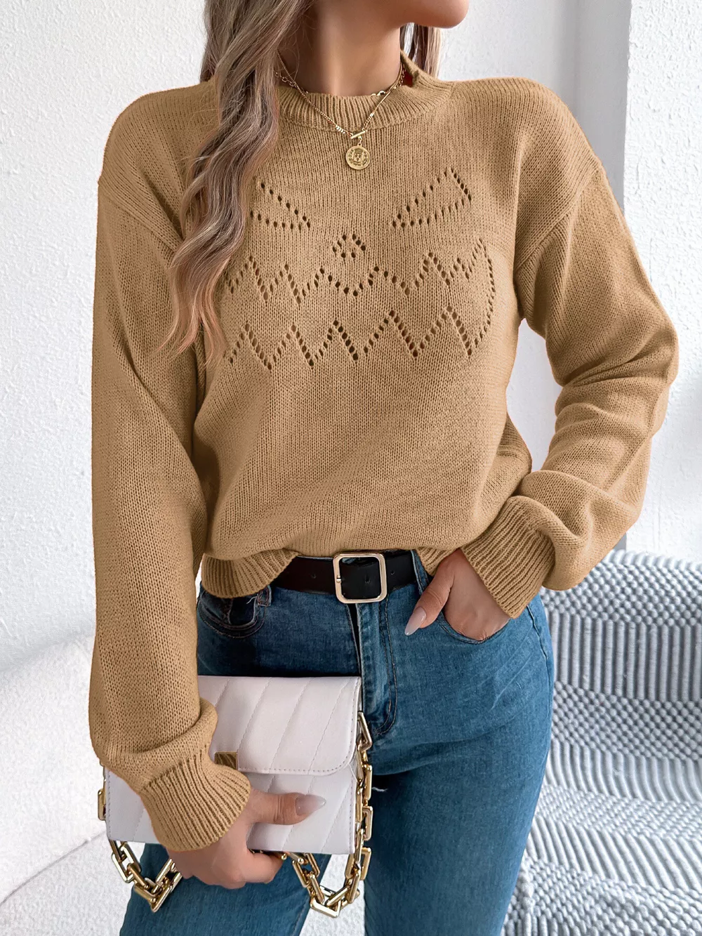 Openwork Round Neck Long Sleeve Sweater, image 10