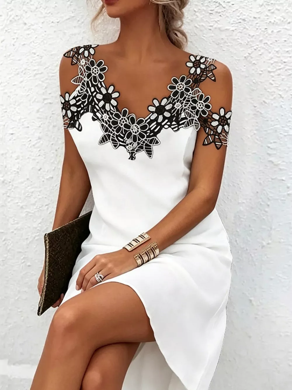 Lace Floral Trim Cold Shoulder Mini Dress, image 7