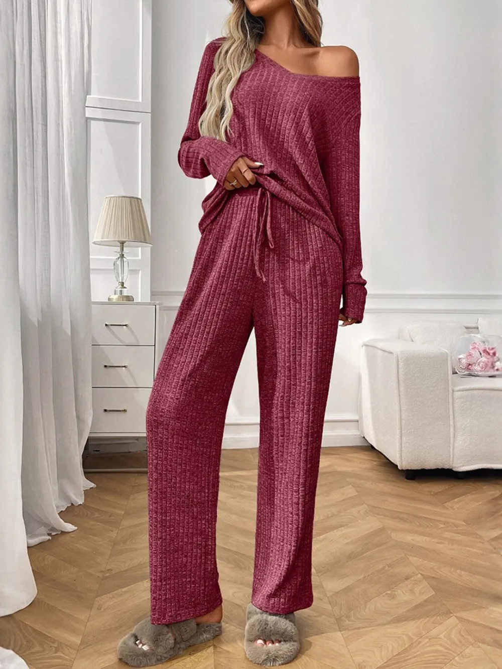 Ribbed Long Sleeve Top and Pants Lounge Set, image 17