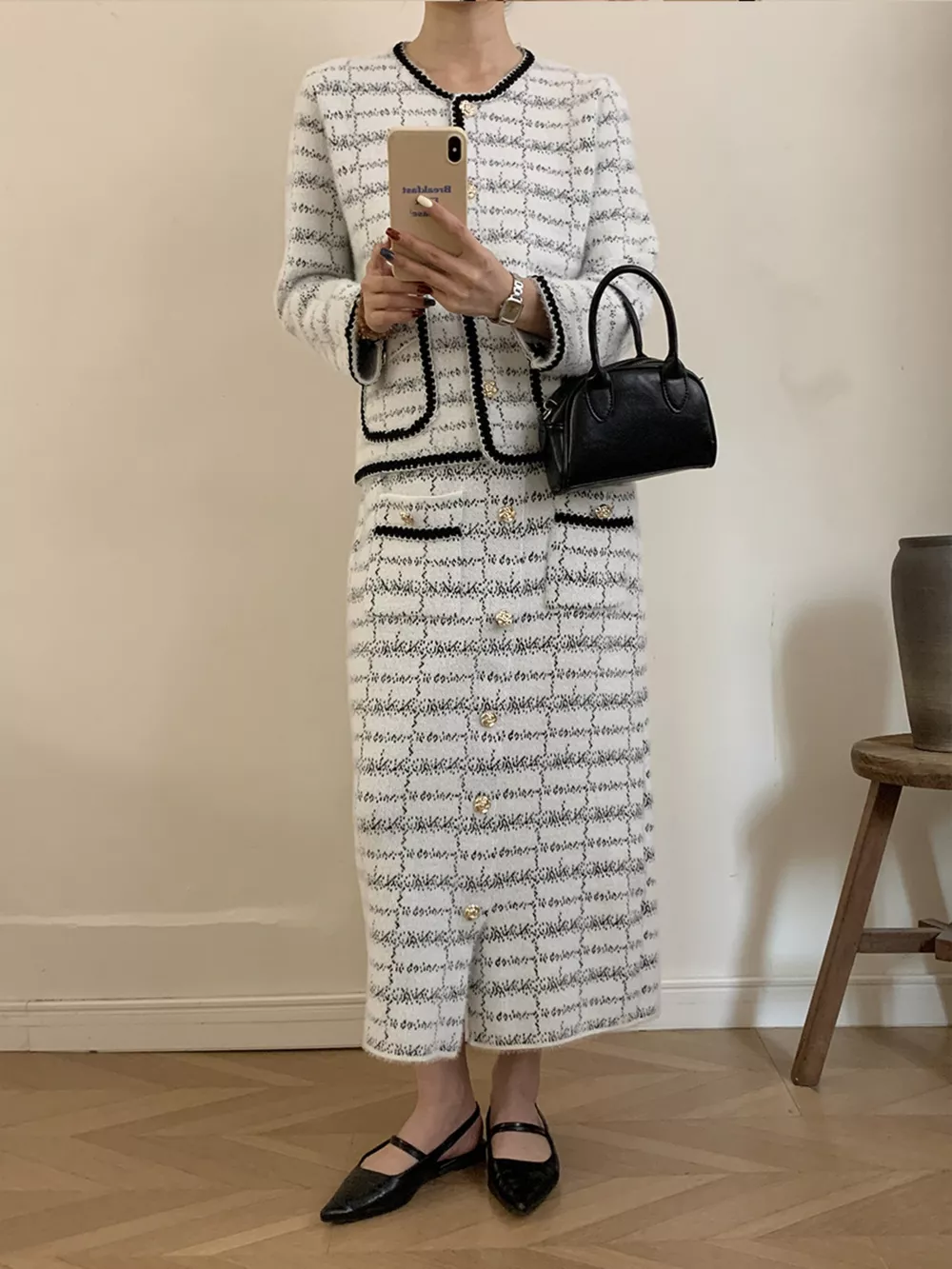 Tweed Contrast Trim Jacket and Skirt Set, image 12