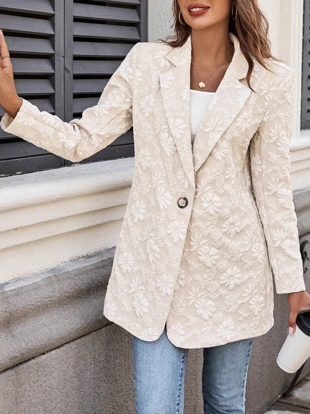 Floral Jacquard One Button Long Sleeve Blazer, image 3