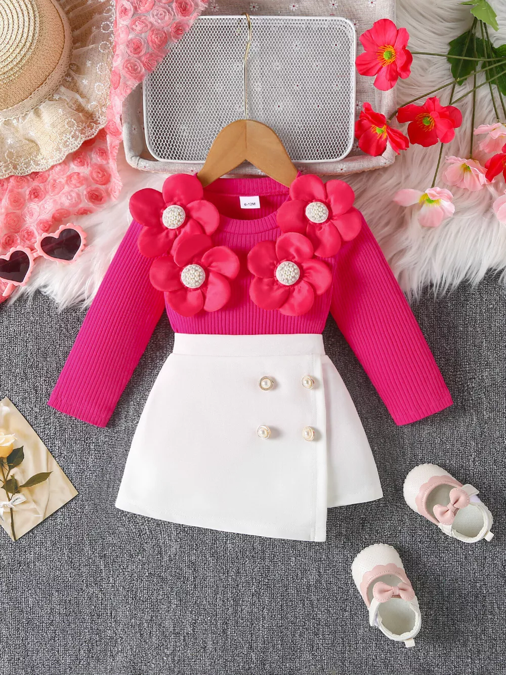 Children's Floral Applique Ribbed Top & Button Decor Skirt Set, image 2