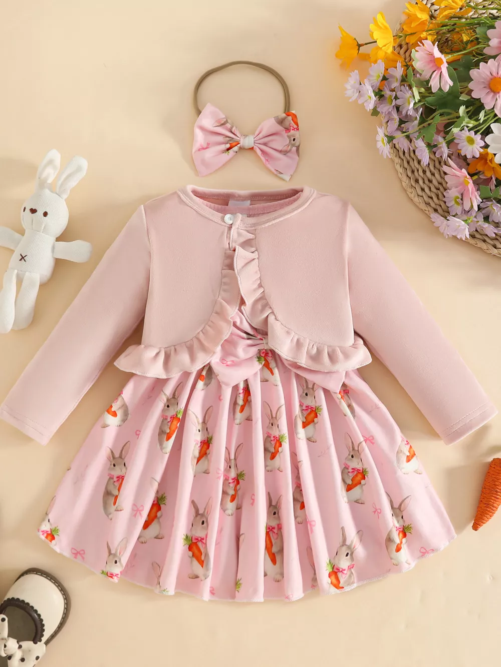 Children's Ruffled Cardigan and Bow Dress Set with Headband, image 8