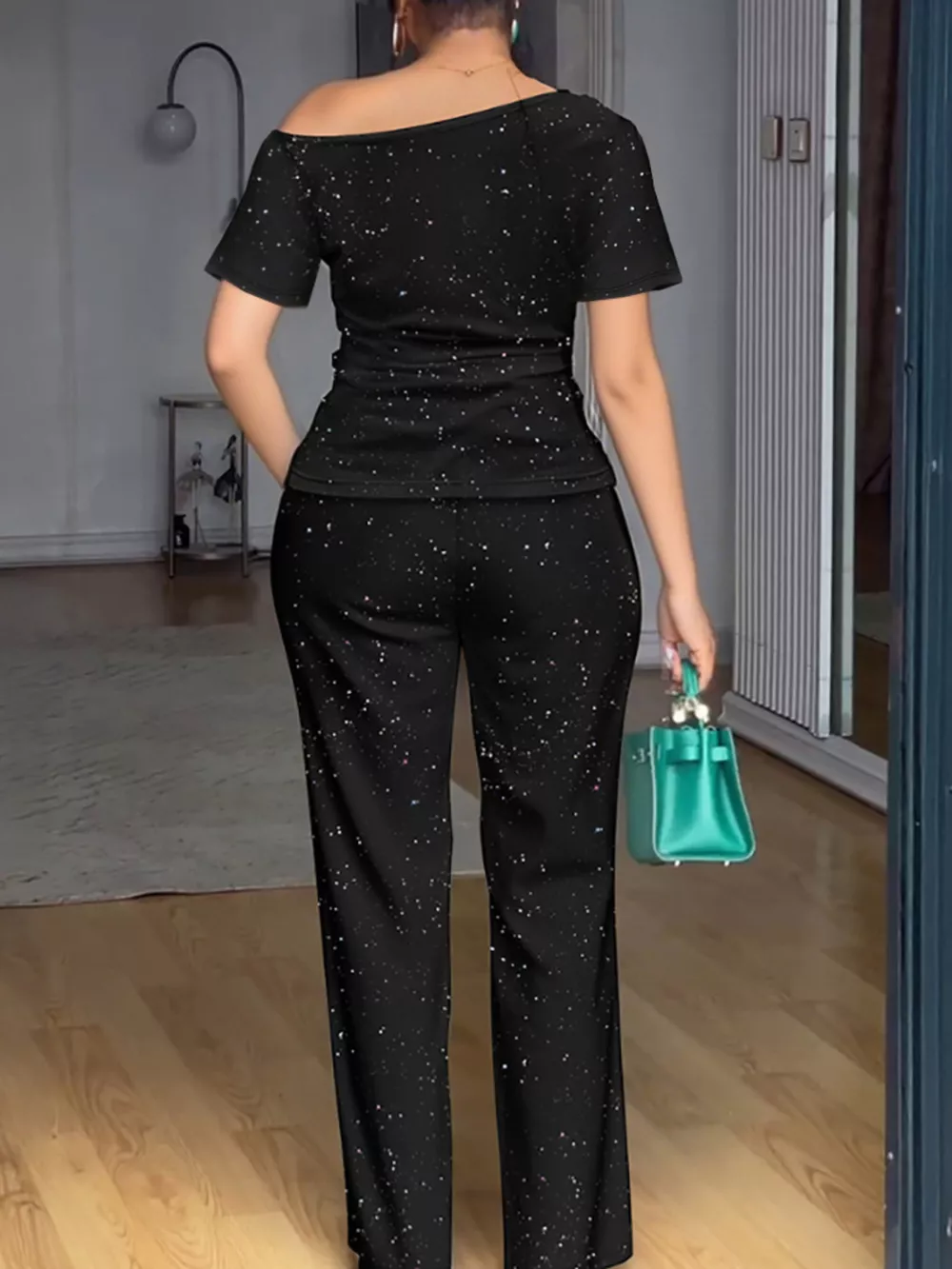 Full Size Glitter Off-Shoulder Short Sleeve Top and Pants Set Plus Size, image 2