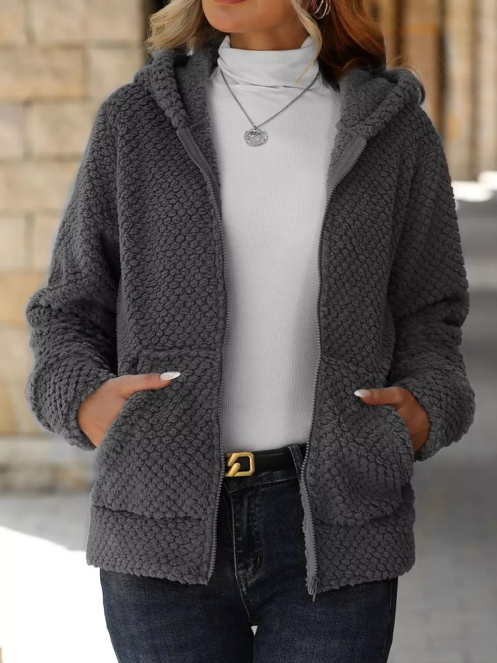 Textured Knit Zip-Up Hooded Outerwear, image 8
