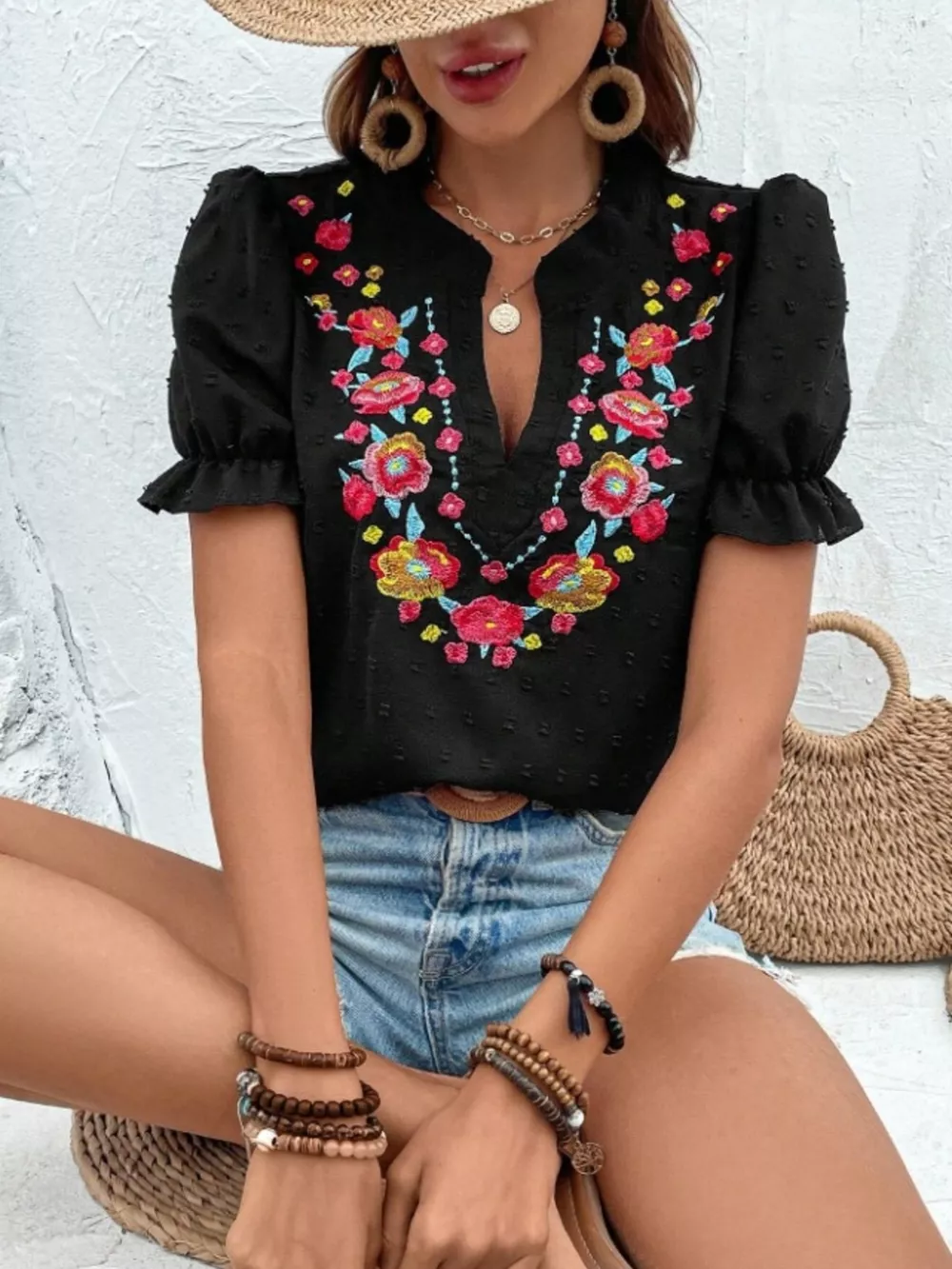 Floral Embroidered Puff Sleeve Blouse, image 10