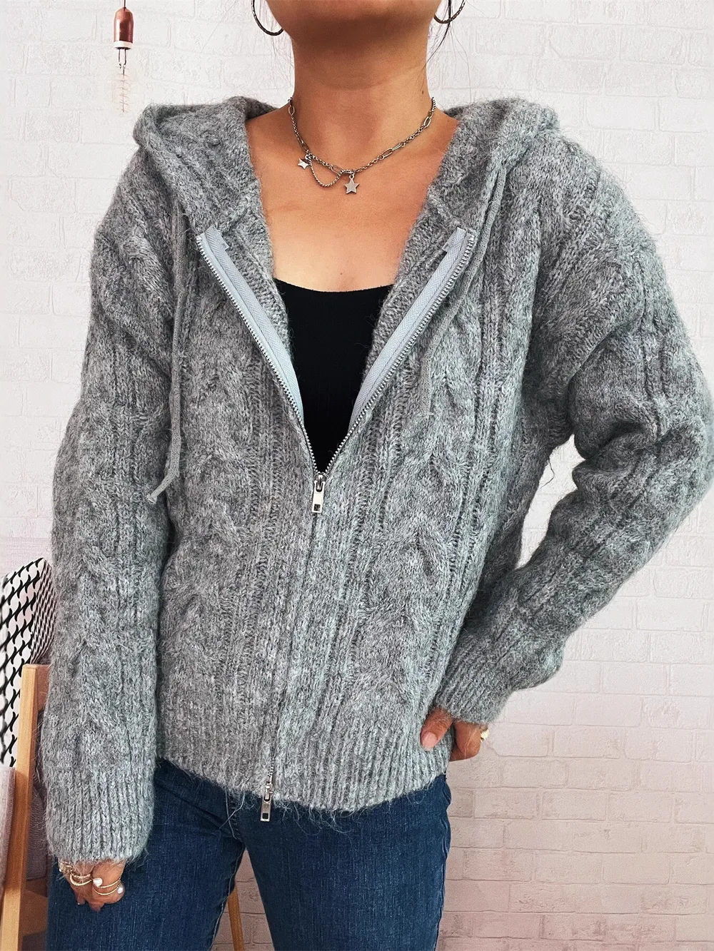 Cable Knit Hooded Zip-Up Cardigan, image 2