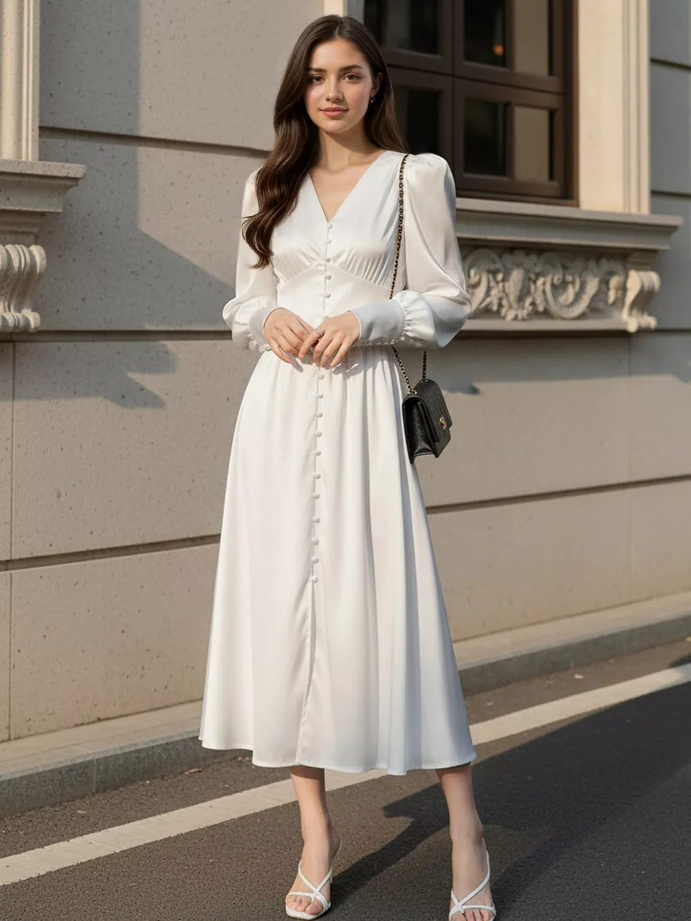 V-Neck Lantern Sleeve Midi Dress, image 6