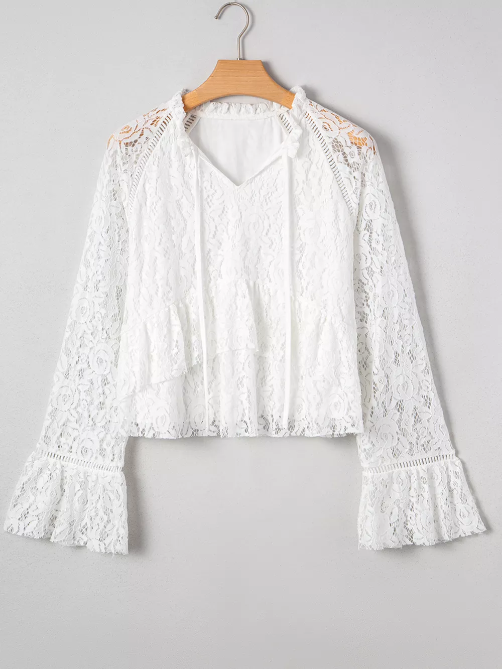 Tie Neck Lace Ruffle Detail Long Sleeve Blouse, image 4