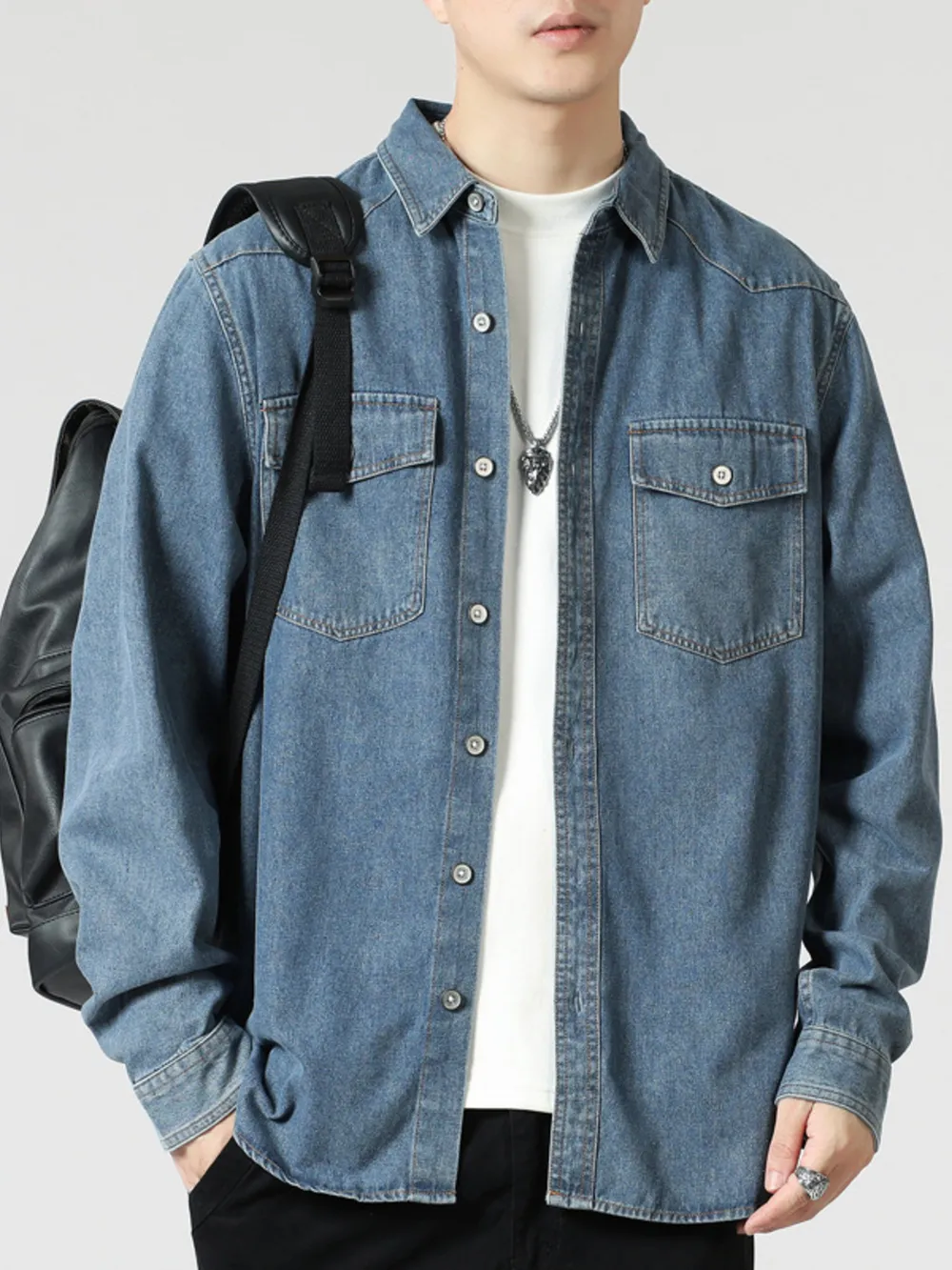 Men's Plus Size Washed Button Down Denim Shirt, image 3