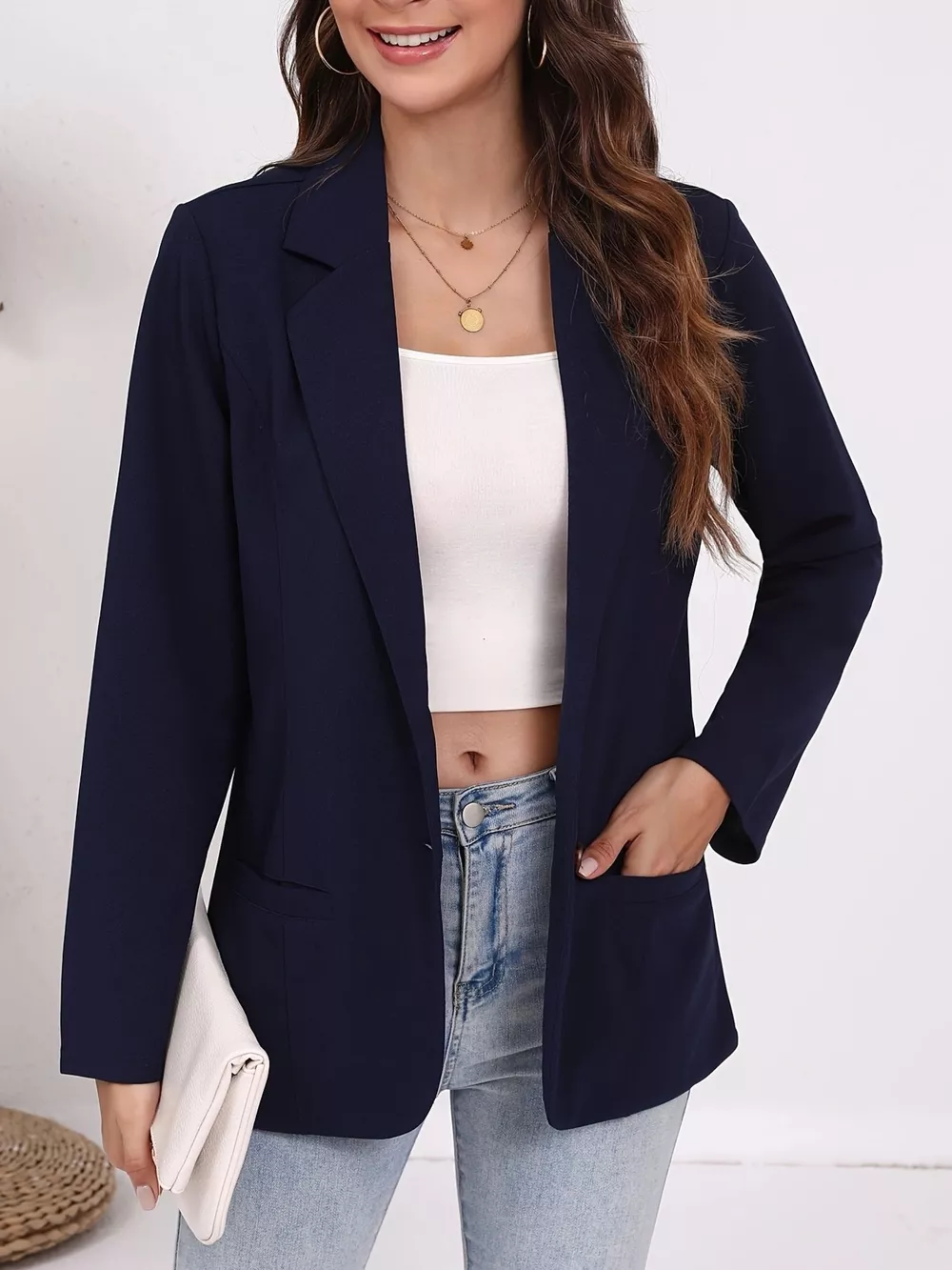Plus Size Lapel Collar Single-Button Blazer, image 7