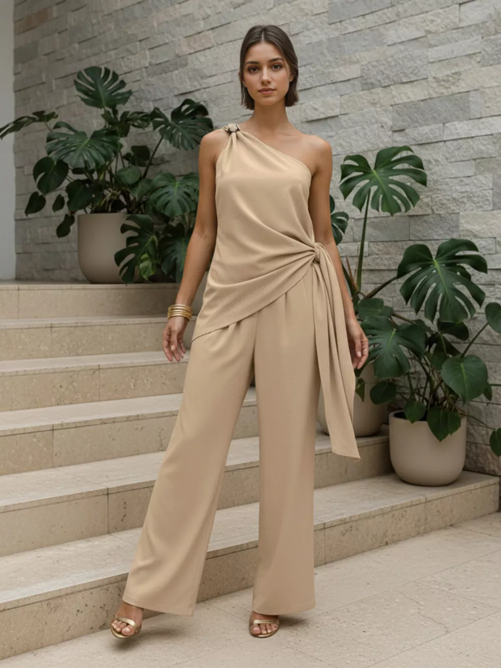 One-Shoulder Tie-Waist Top and Wide-Leg Pants Set, image 3