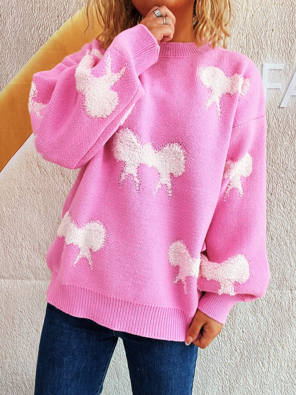 Bow Pattern Round Neck Sweater, image 12