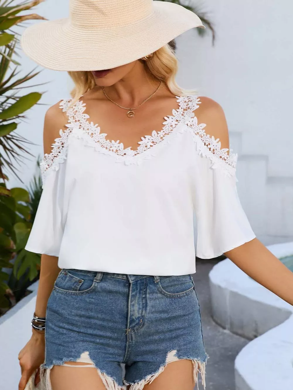 Cold Shoulder Lace Trim Blouse, image 3