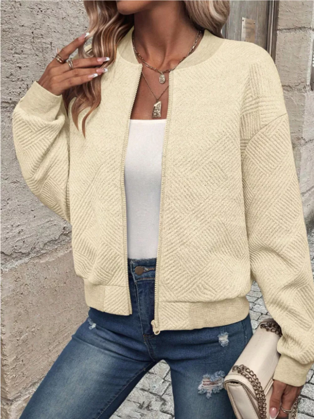 Textured Knit Zip-Up Bomber Jacket, image 3
