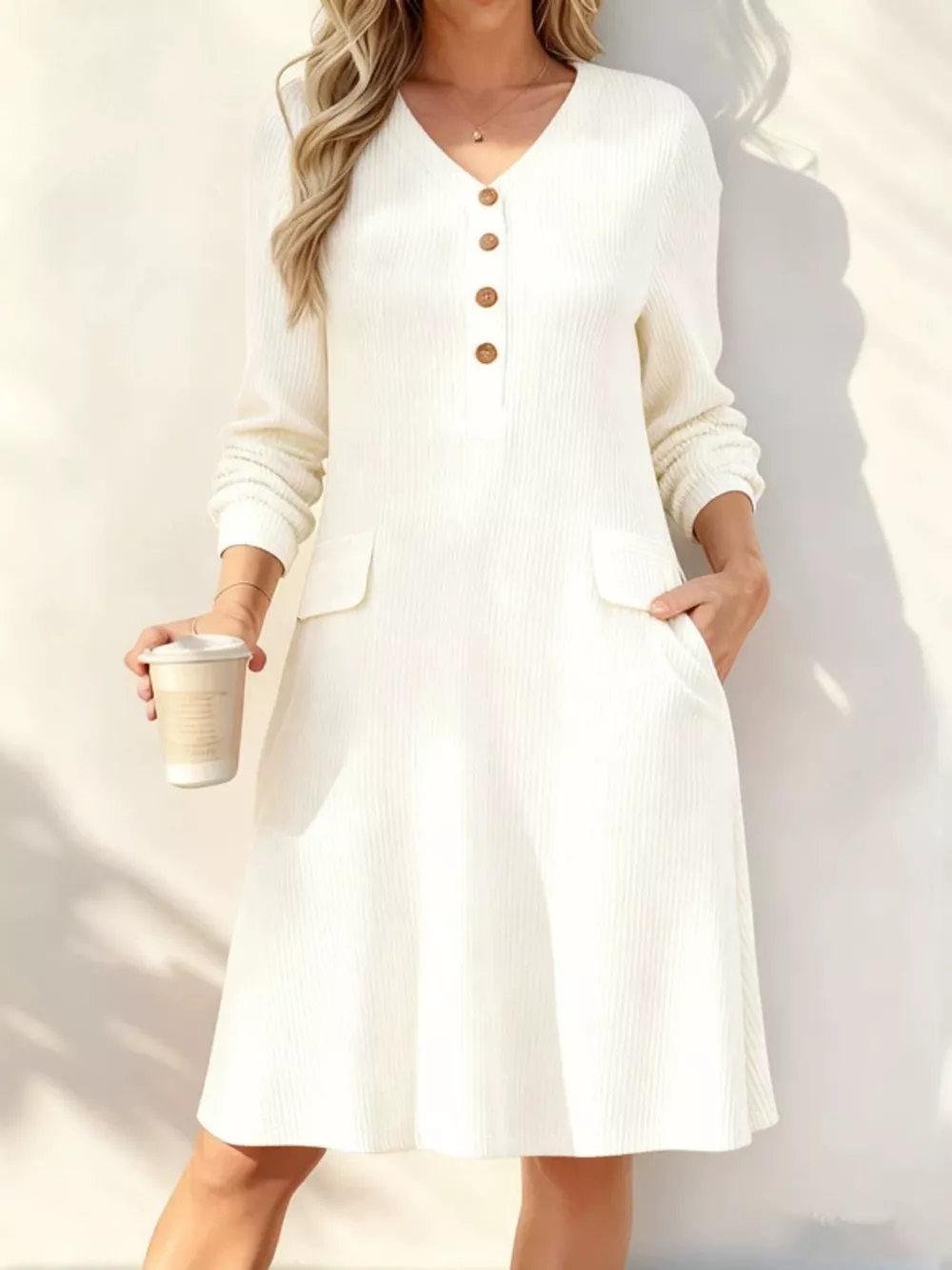 Full Size Ribbed Knit V-Neck Dress Plus Size, image 6
