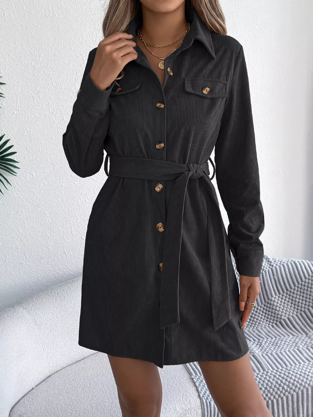 Button-Front Corduroy Shirt Dress, image 16