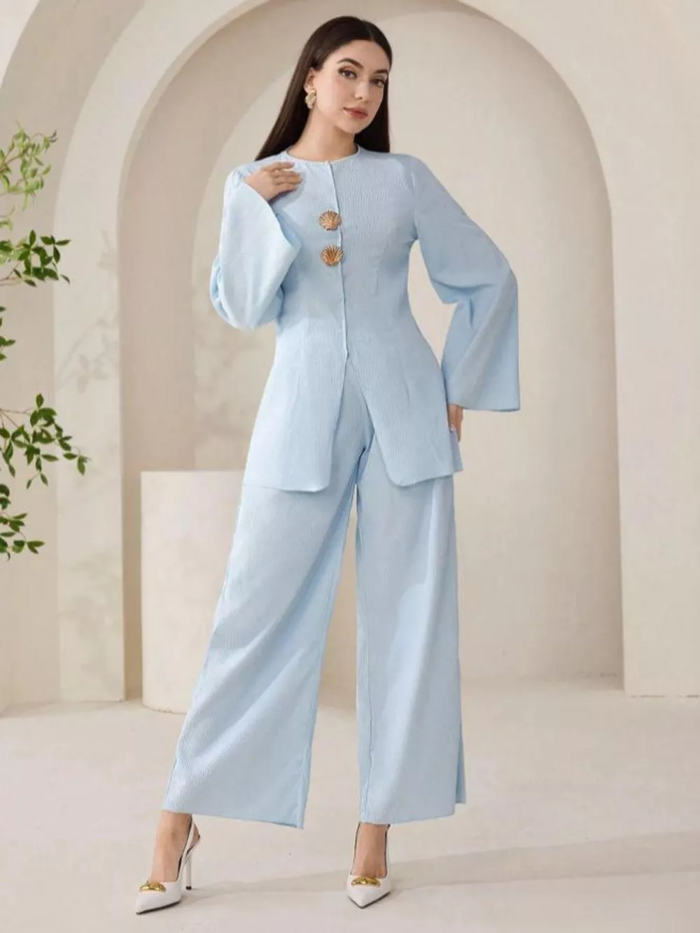 Shell Button Long Sleeve Shirt and Pants Set, image 4