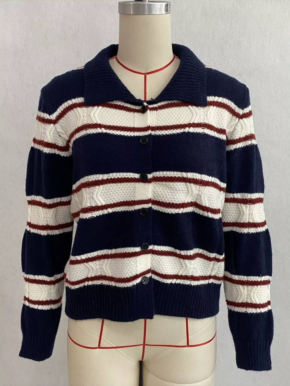 Vintage-Inspired Striped Knit Cardigan with Polo Collar, image 5