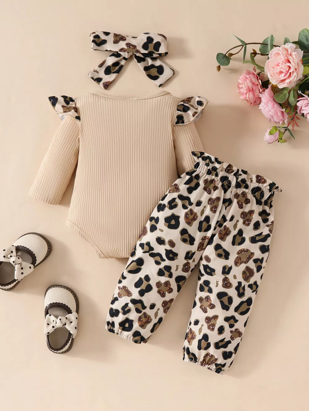 Children's Leopard Ruffled Bodysuit and Pants Set with Headband, image 2