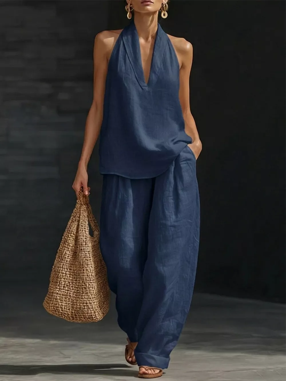 Full Size Halter Neck Top and Wide Leg Pants Set Plus Size, image 10