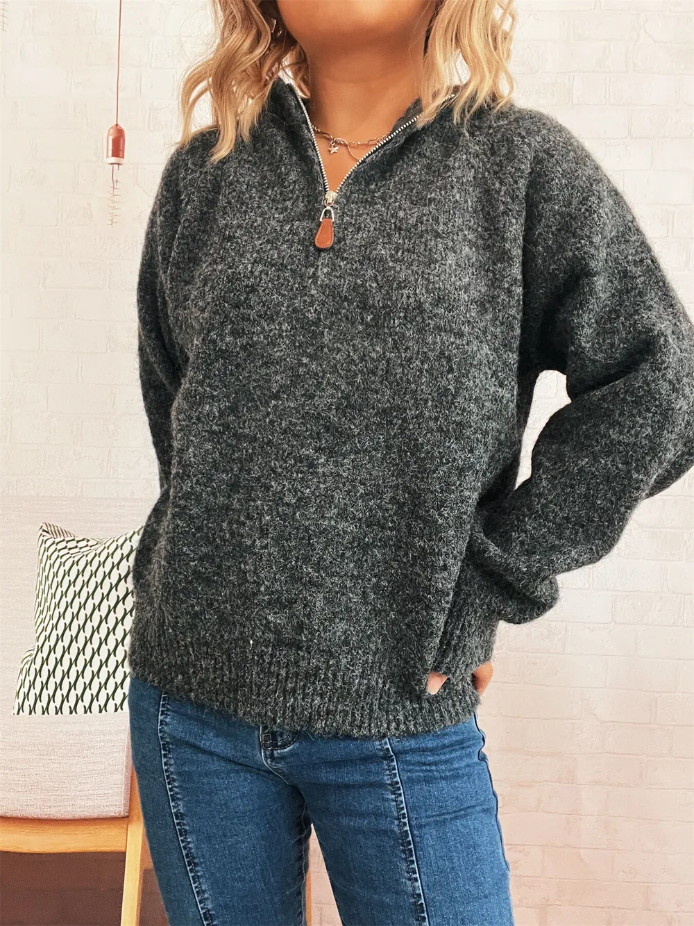 Quarter Zip Ribbed Hem Sweater, image 15