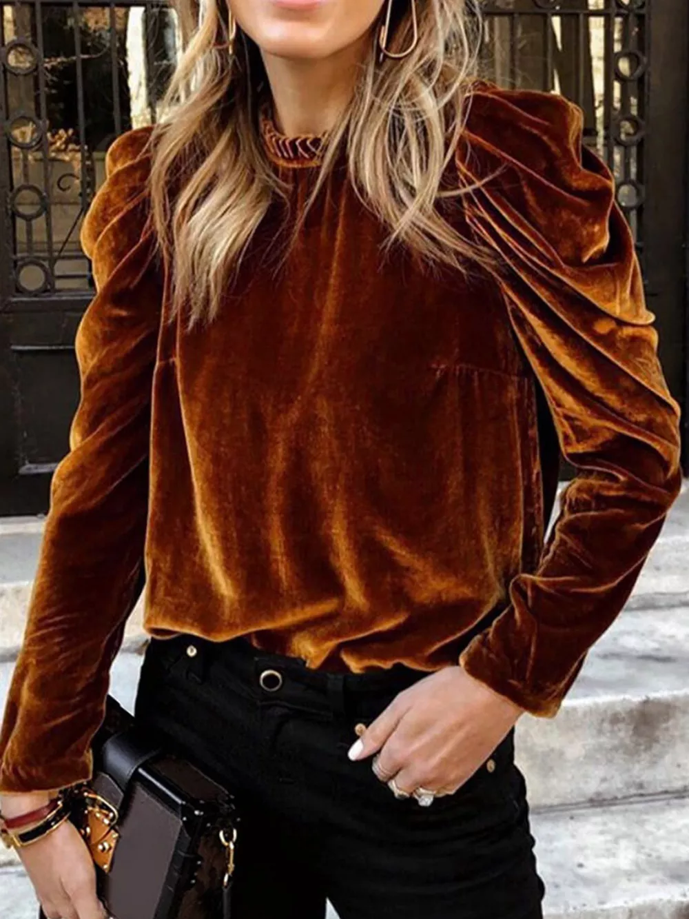 Velvet Mock Neck Long Sleeve Blouse, image 10