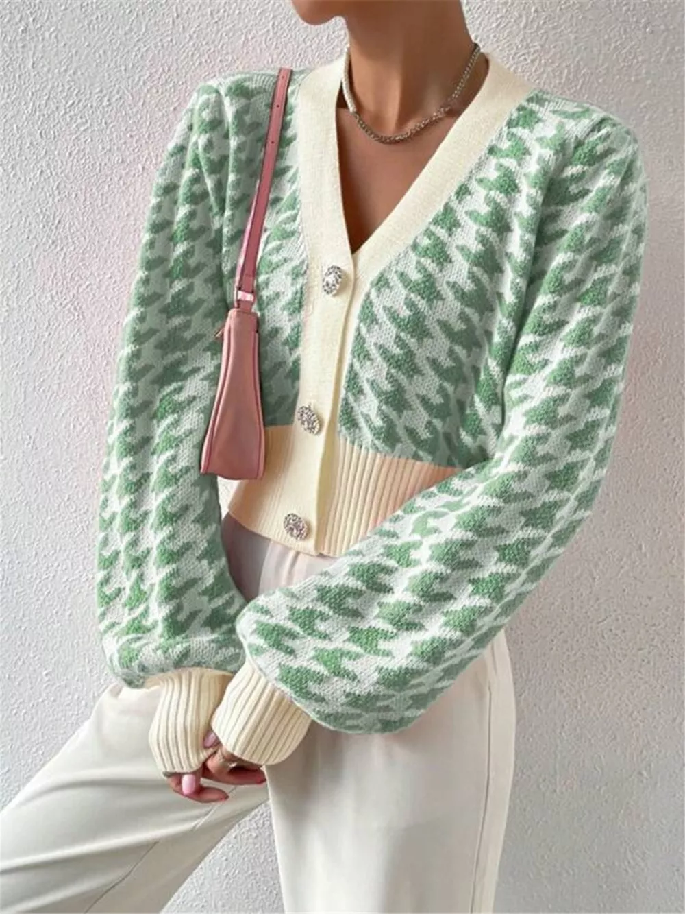 Houndstooth V-Neck Button Up Cardigan, image 12