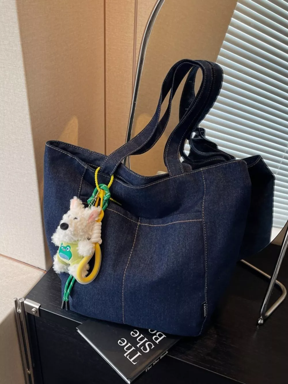 Denim Shoulder Bag with Cute Charm, image 2