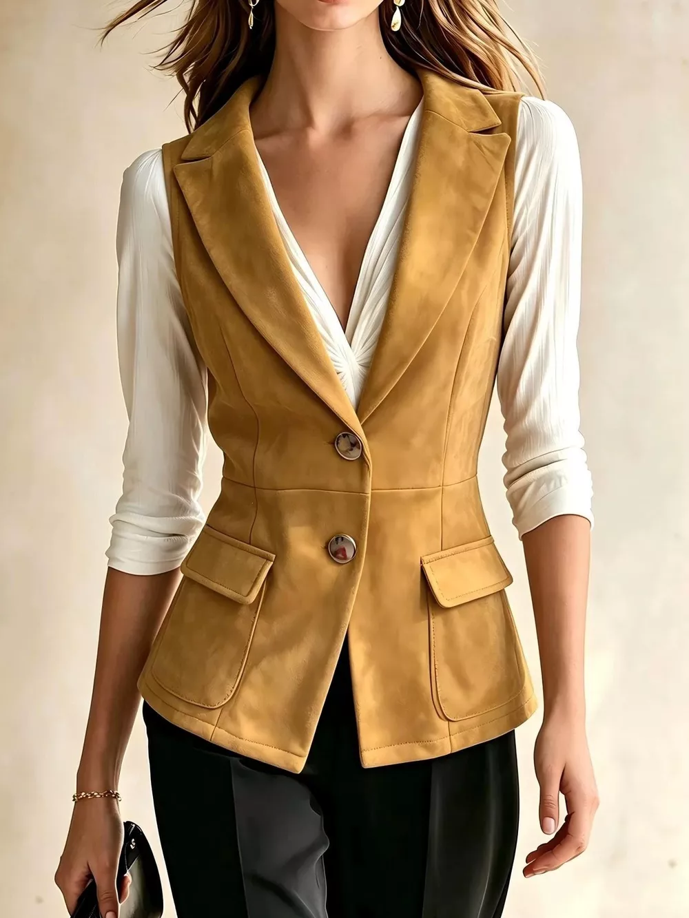 Button-Front Closure Suede Vest Coat, image 4