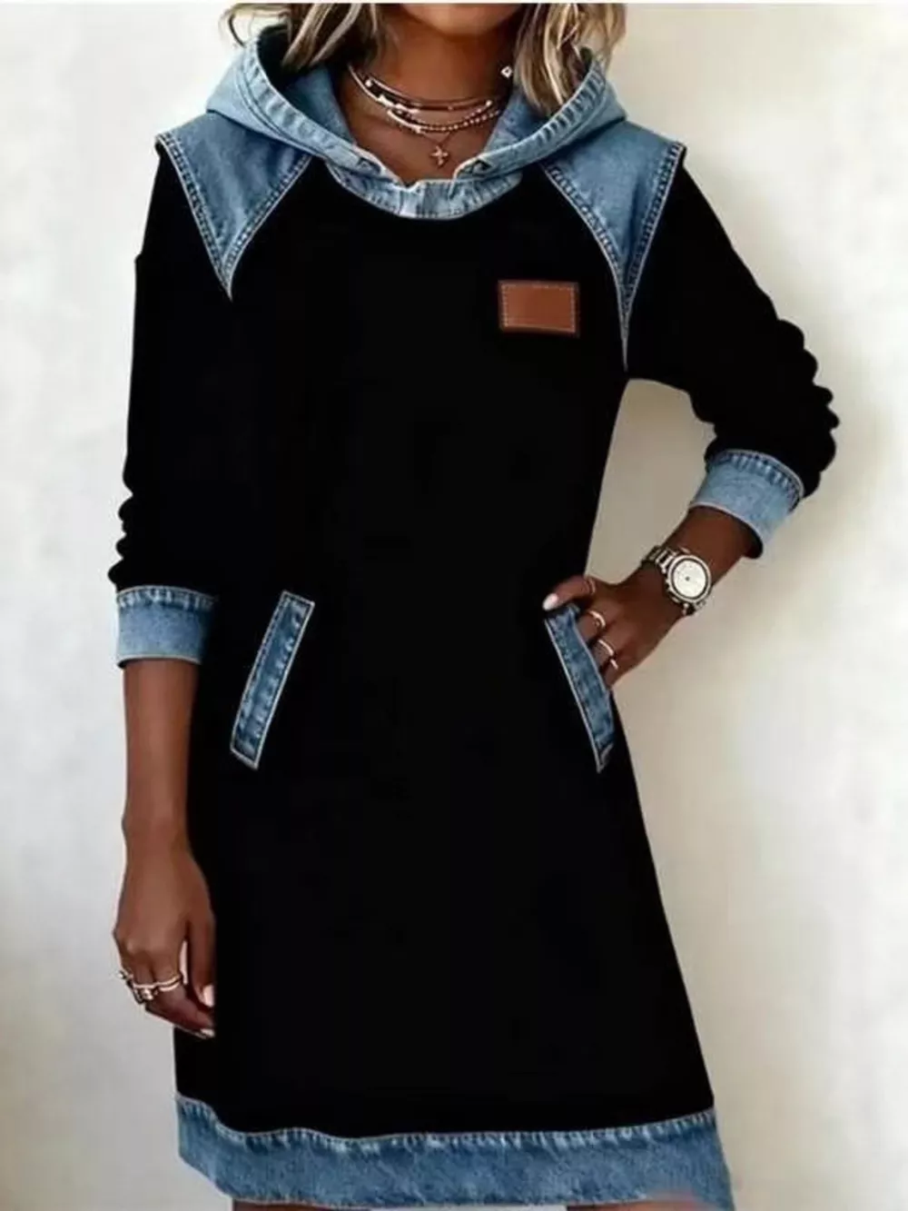 Full Size Denim Patchwork Hooded Sweatshirt Dress Plus Size, image 3