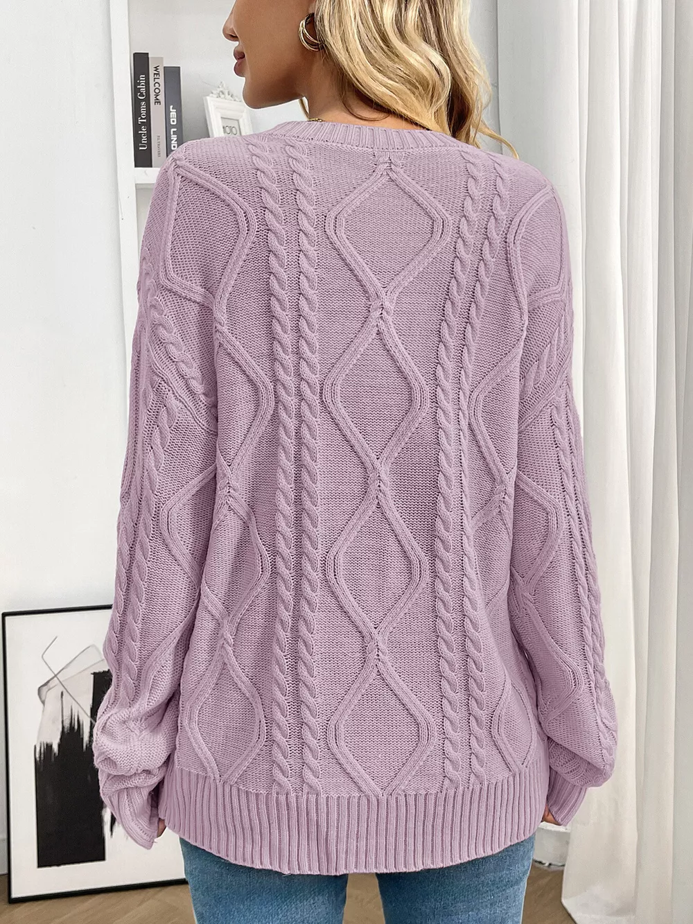 Cable Knit Round Neck Long Sleeve Sweater, image 5