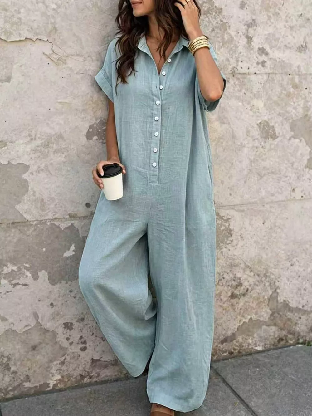 Button Front Short Sleeve Jumpsuit, image 12